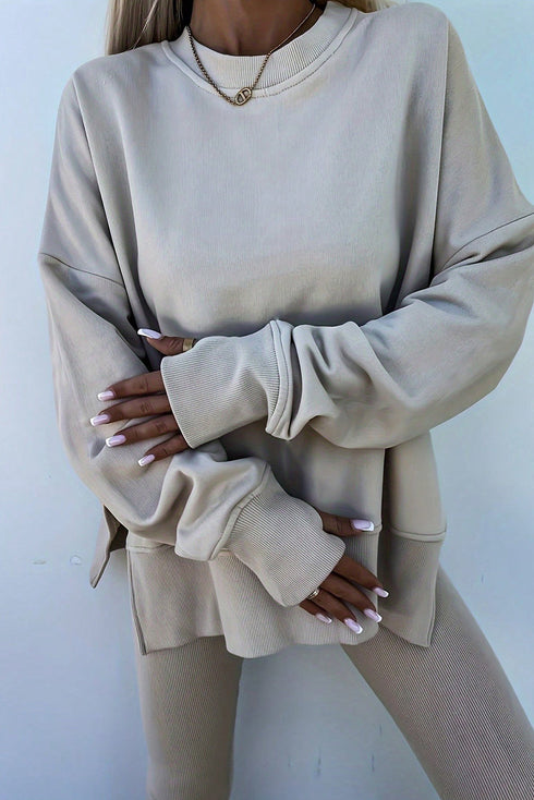 Oversized Side Slit Sweatshirt Ribbed Legging Pant Set